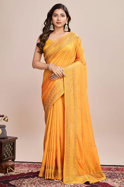 Mustard Colour Vichitra Silk Designer Saree