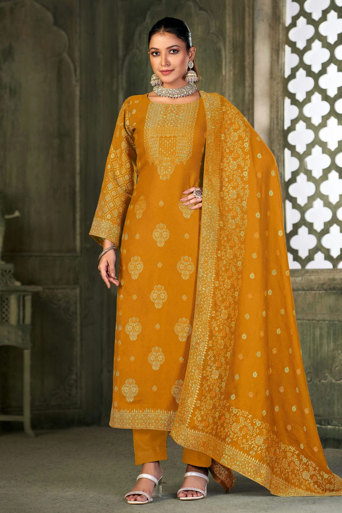 Mustard Colour Viscose Pashmina Straight Suit