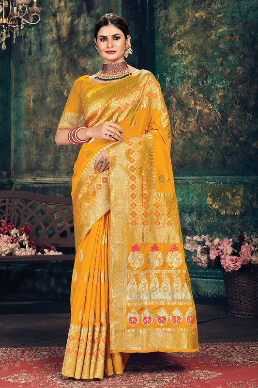 Mustard Colour Woven Work Banarasi Silk Saree