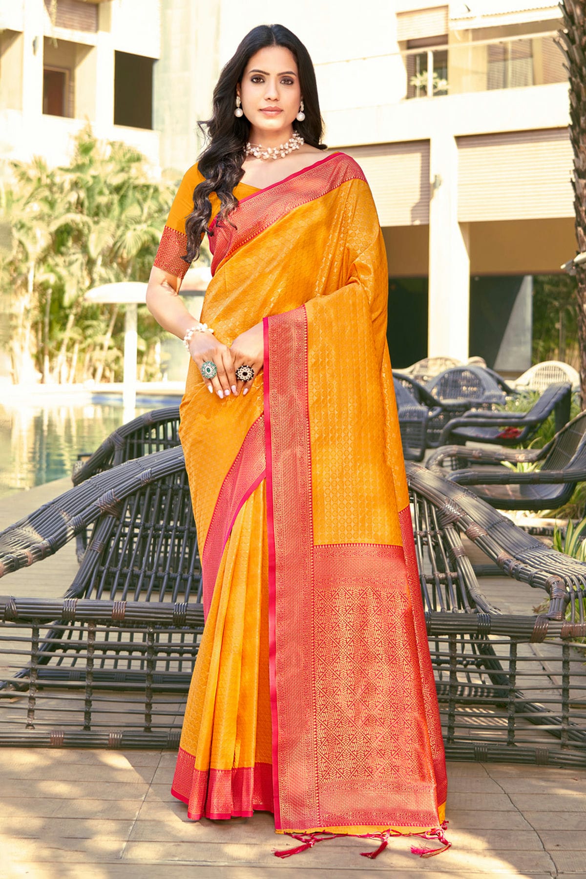 Mustard Colour Woven Work Banarasi Silk Saree