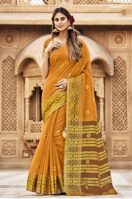 Mustard Colour Woven Work Cotton Saree