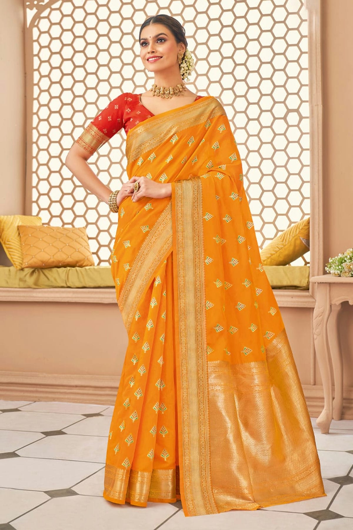 Mustard Colour Woven Work Cotton Saree