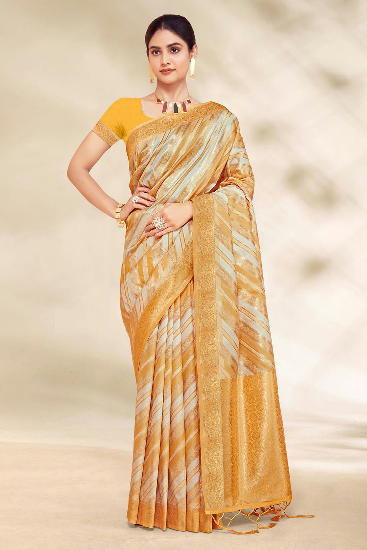 Mustard Colour Woven Work Cotton Saree