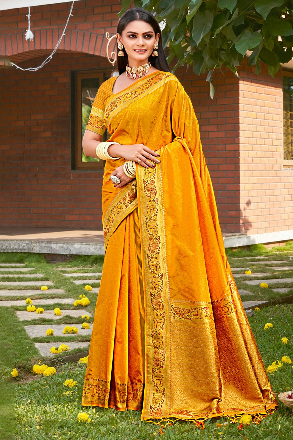 Mustard Colour Woven Work Kanjivaram Silk Saree