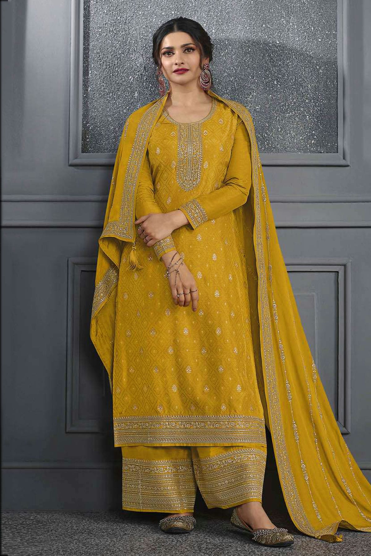 Mustrad Colour Semi Stitched Dola Jacquard Silk Palazzo Pant Suit