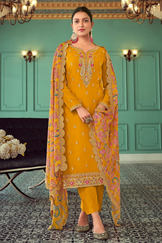 Mustrad Colour Semi Stitched Georgette Pant Style Suit