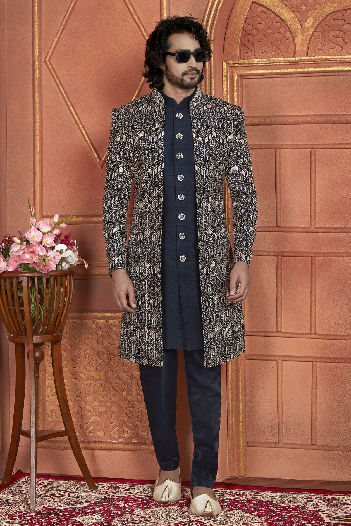 Navy Blue Colour Art Silk Indowestern Sherwani With Aligadhi Pant VSSH1230012