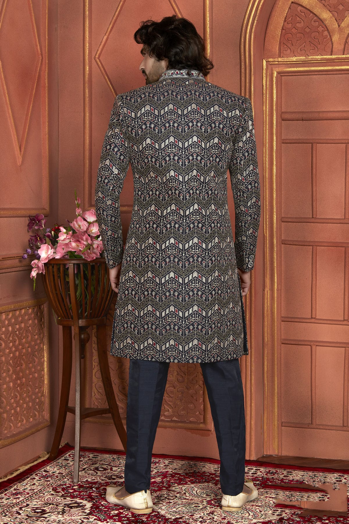 Navy Blue Colour Art Silk Indowestern Sherwani With Aligadhi Pant VSSH1230012