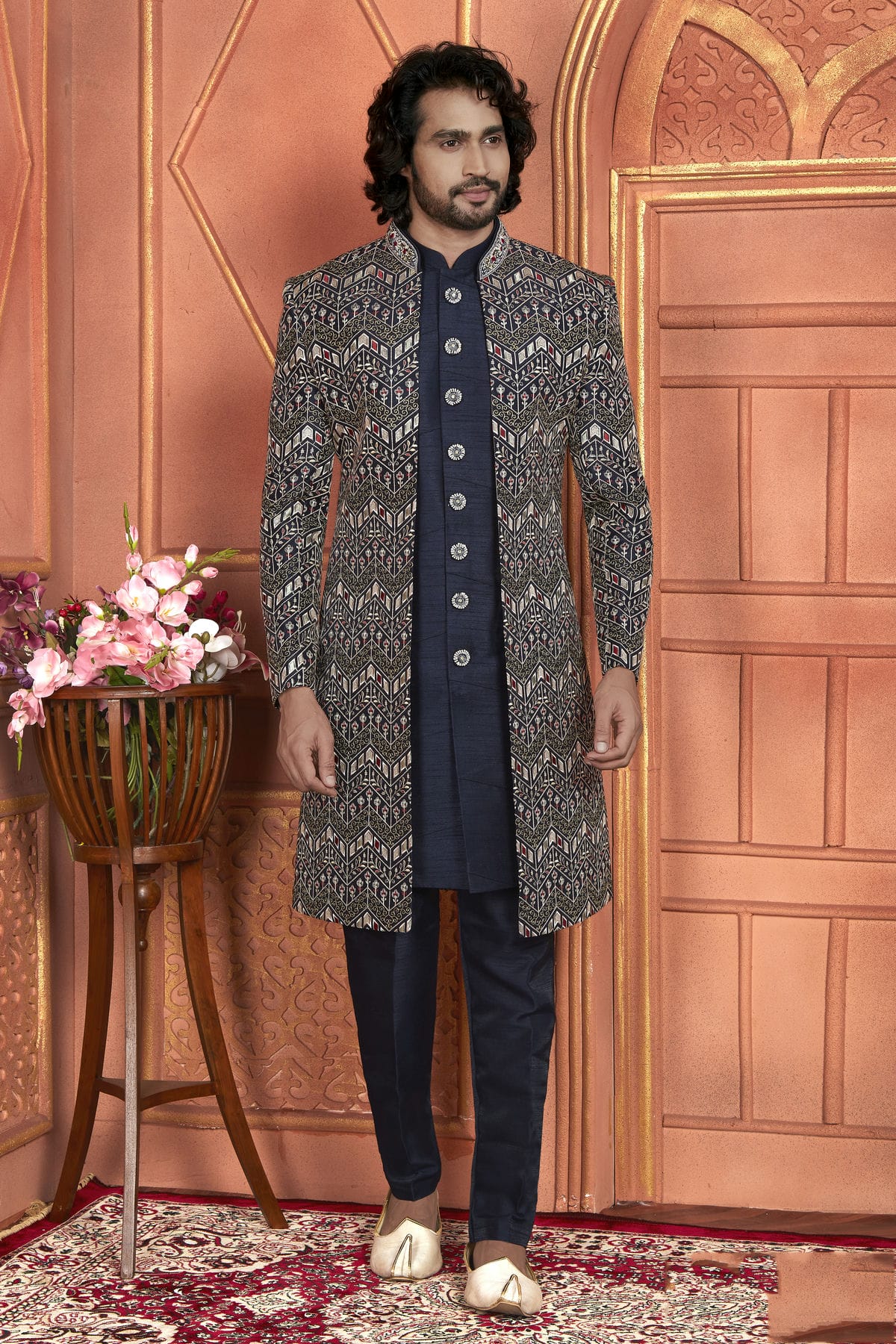 Navy Blue Colour Art Silk Indowestern Sherwani With Aligadhi Pant