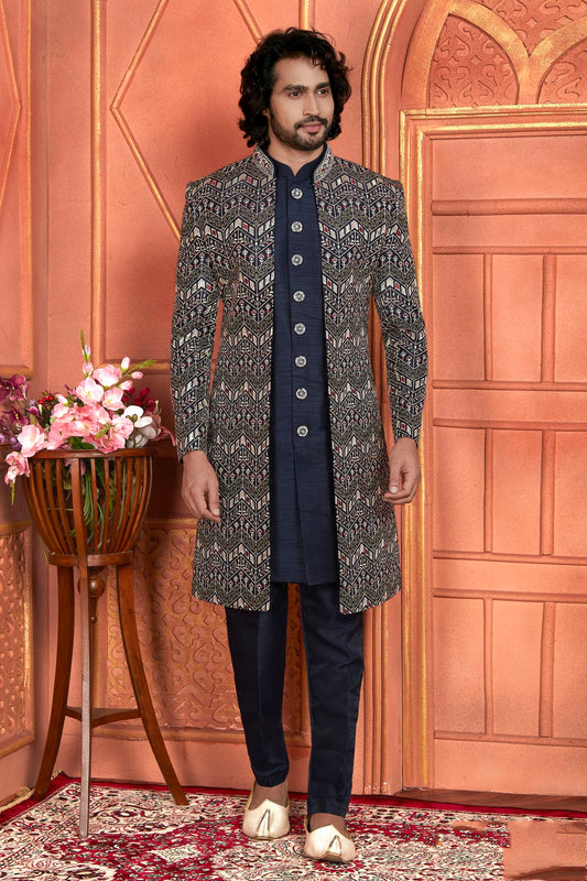 Navy Blue Colour Art Silk Indowestern Sherwani With Aligadhi Pant