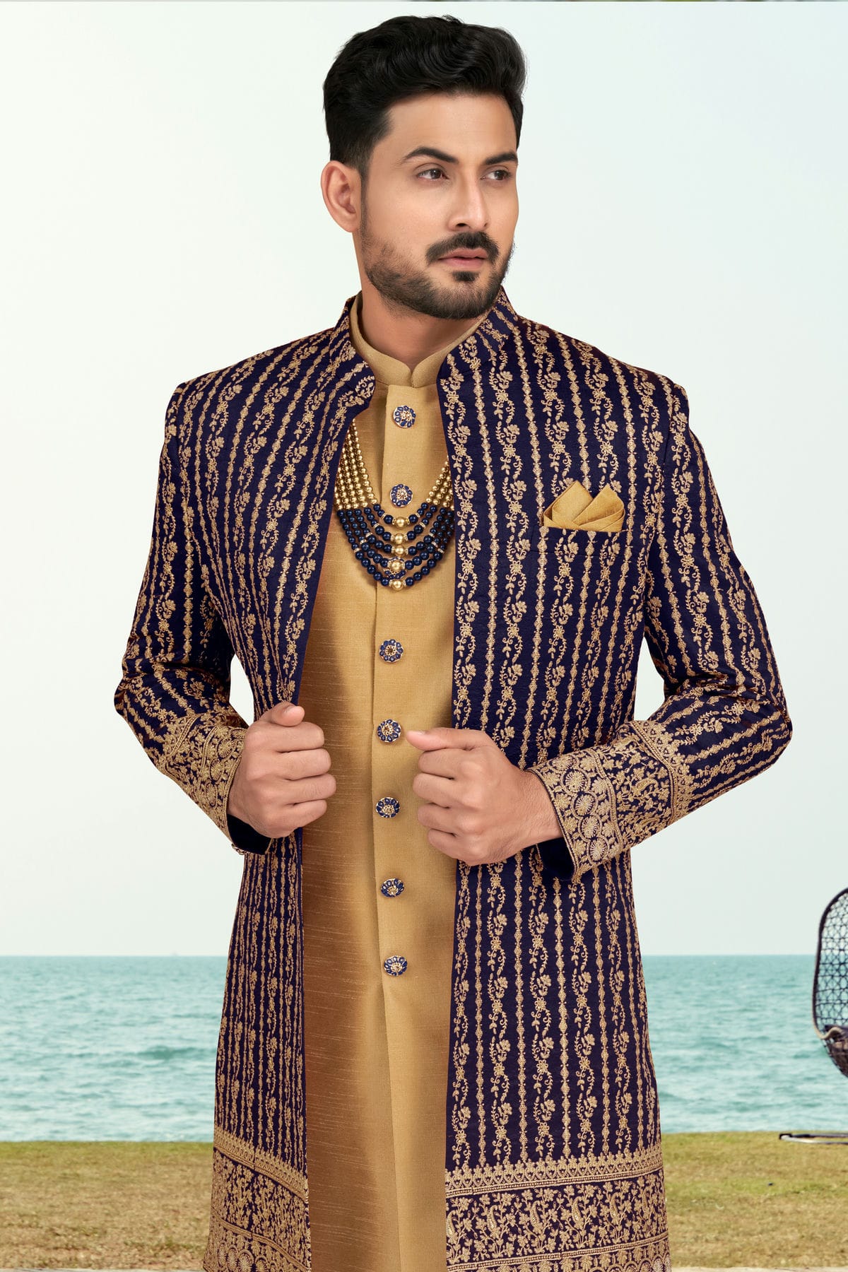 Navy Blue Colour Banarasi Silk Sherwani VSSH1040541