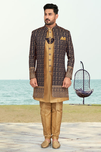 Navy Blue Colour Banarasi Silk Sherwani VSSH1040541