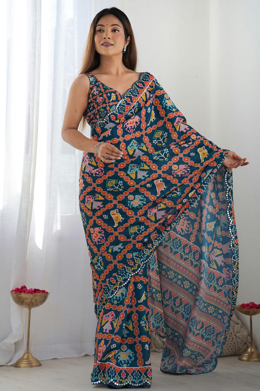 Navy Blue Colour Chinon Printed Saree