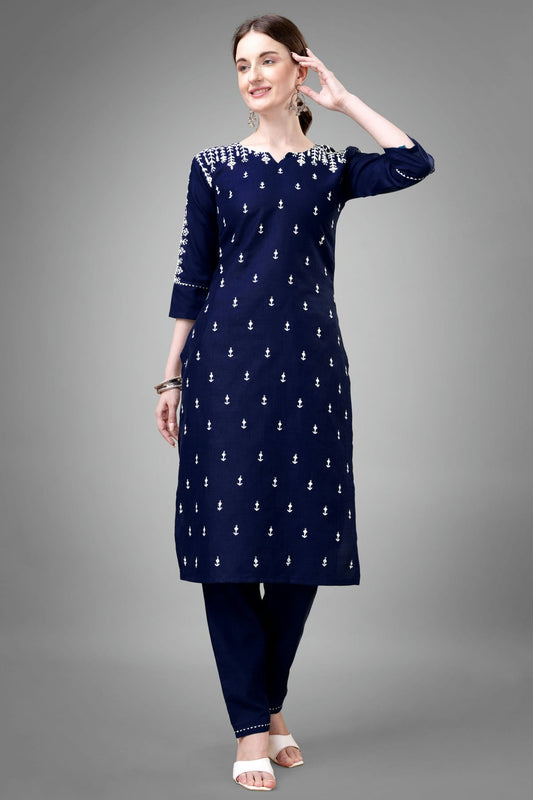 Navy Blue Colour Cotton Blend Kurta And Pant Set