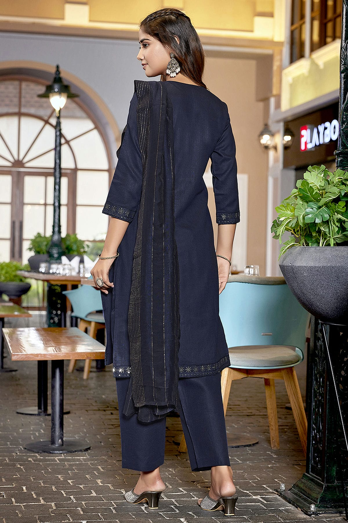 Navy Blue Colour Cotton Blend Stitched Suit VSSS1112283