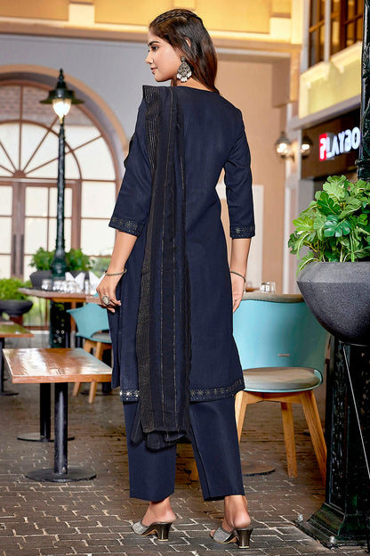 Navy Blue Colour Cotton Blend Stitched Suit VSSS1112283