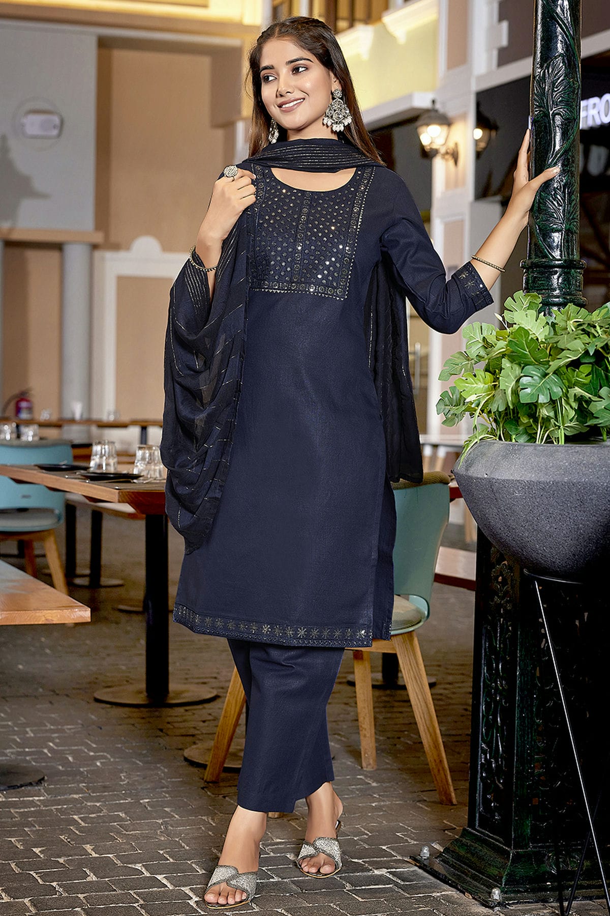 Navy Blue Colour Cotton Blend Stitched Suit