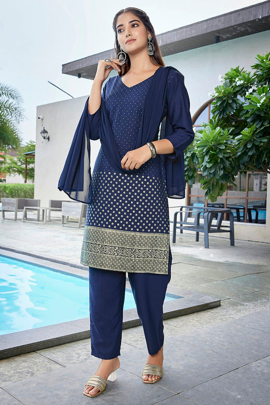 Navy Blue Colour Crepe Stitched Suit