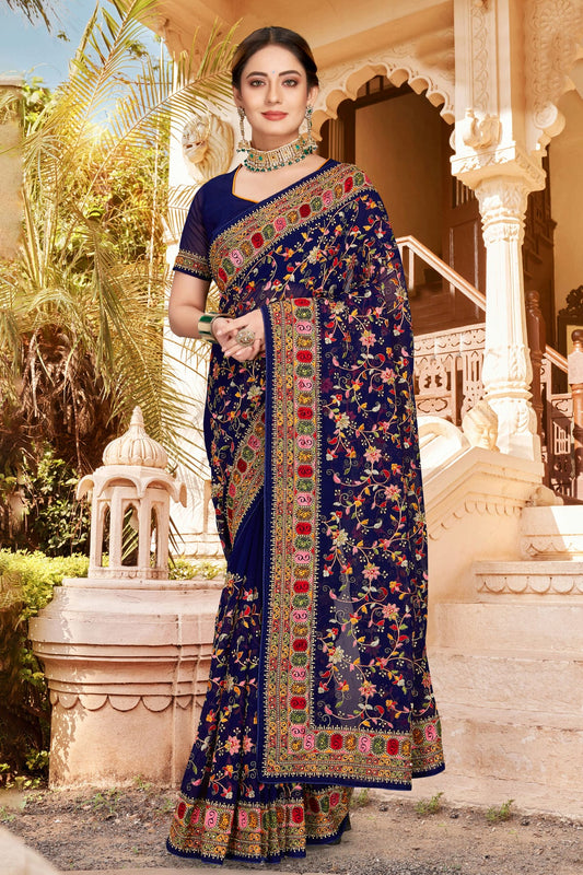 Navy Blue Colour Georgette Designer Saree