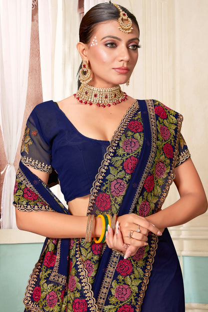 Navy Blue Colour Georgette Designer Saree