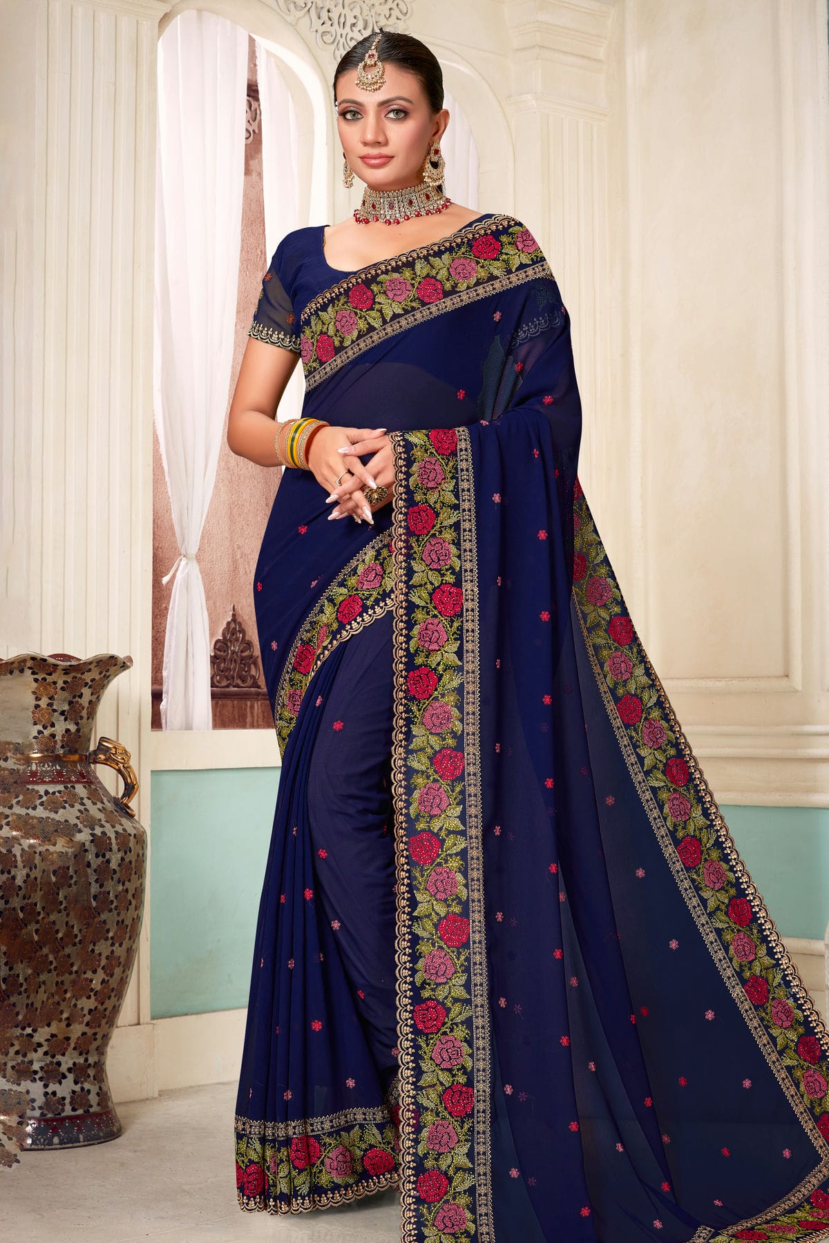 Navy Blue Colour Georgette Designer Saree