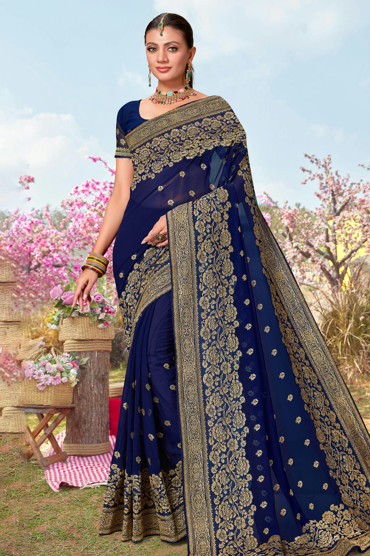 Navy Blue Colour Georgette Designer Saree