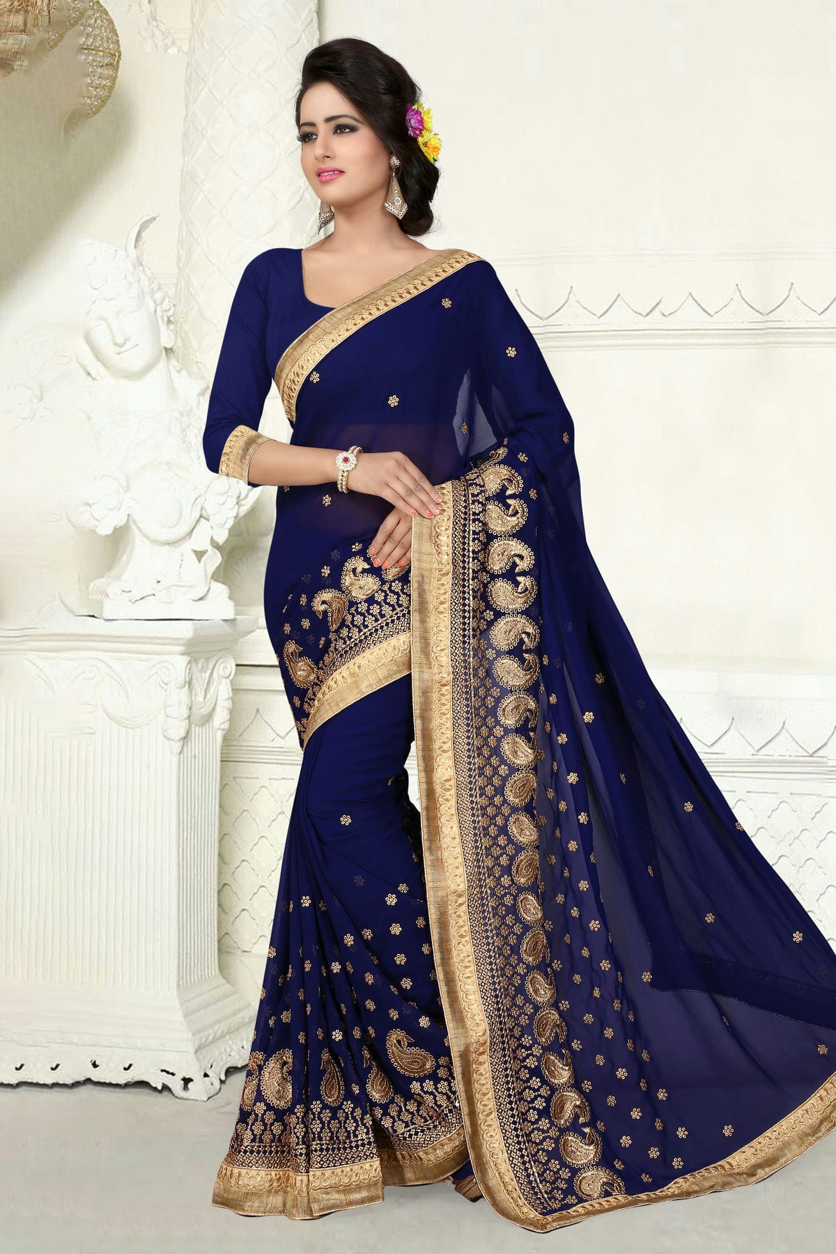 Navy Blue Colour Georgette Designer Saree