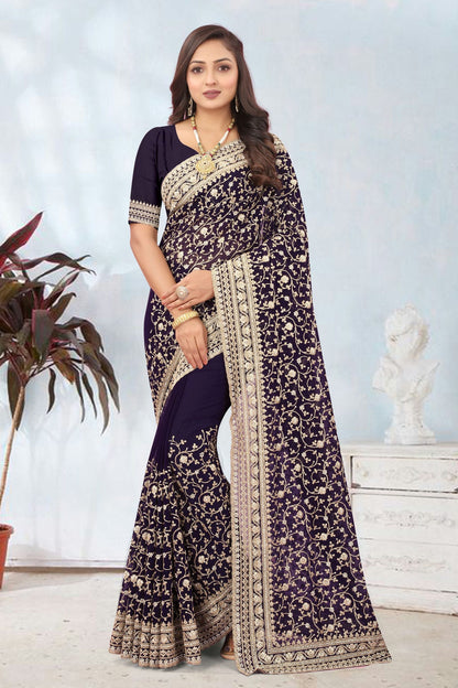 Navy Blue Colour Georgette Designer Saree