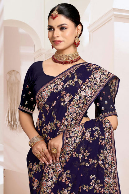 Navy Blue Colour Georgette Designer Saree