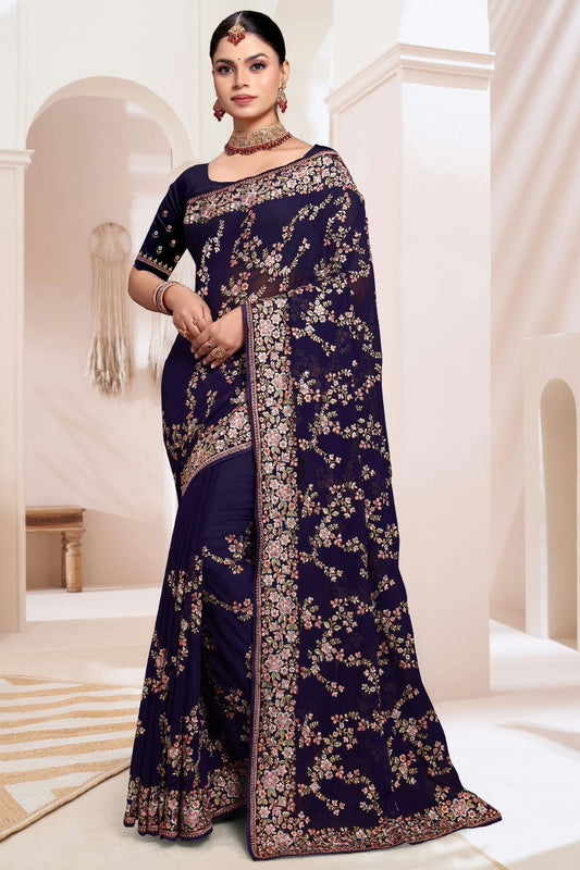 Navy Blue Colour Georgette Designer Saree