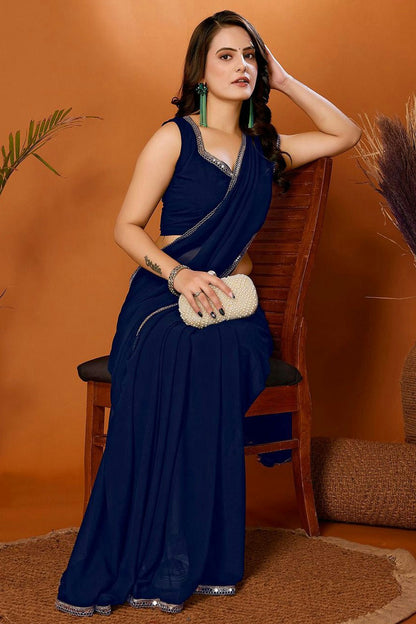 Navy Blue Colour Georgette Mirror Work Saree VSSD1180221