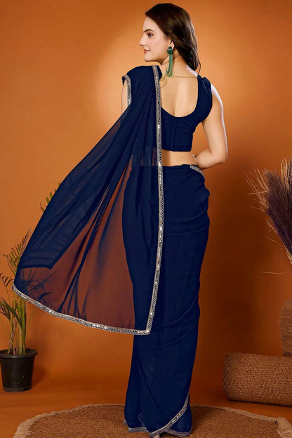 Navy Blue Colour Georgette Mirror Work Saree VSSD1180221