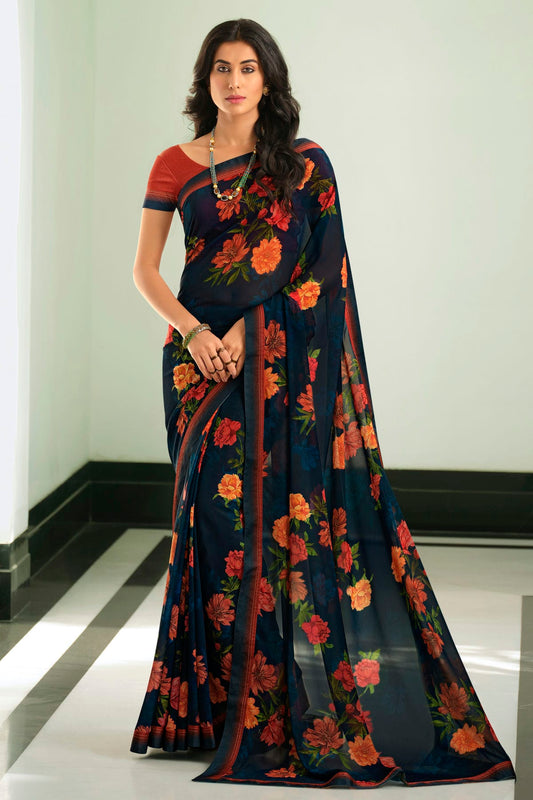 Navy Blue Colour Georgette Printed Saree