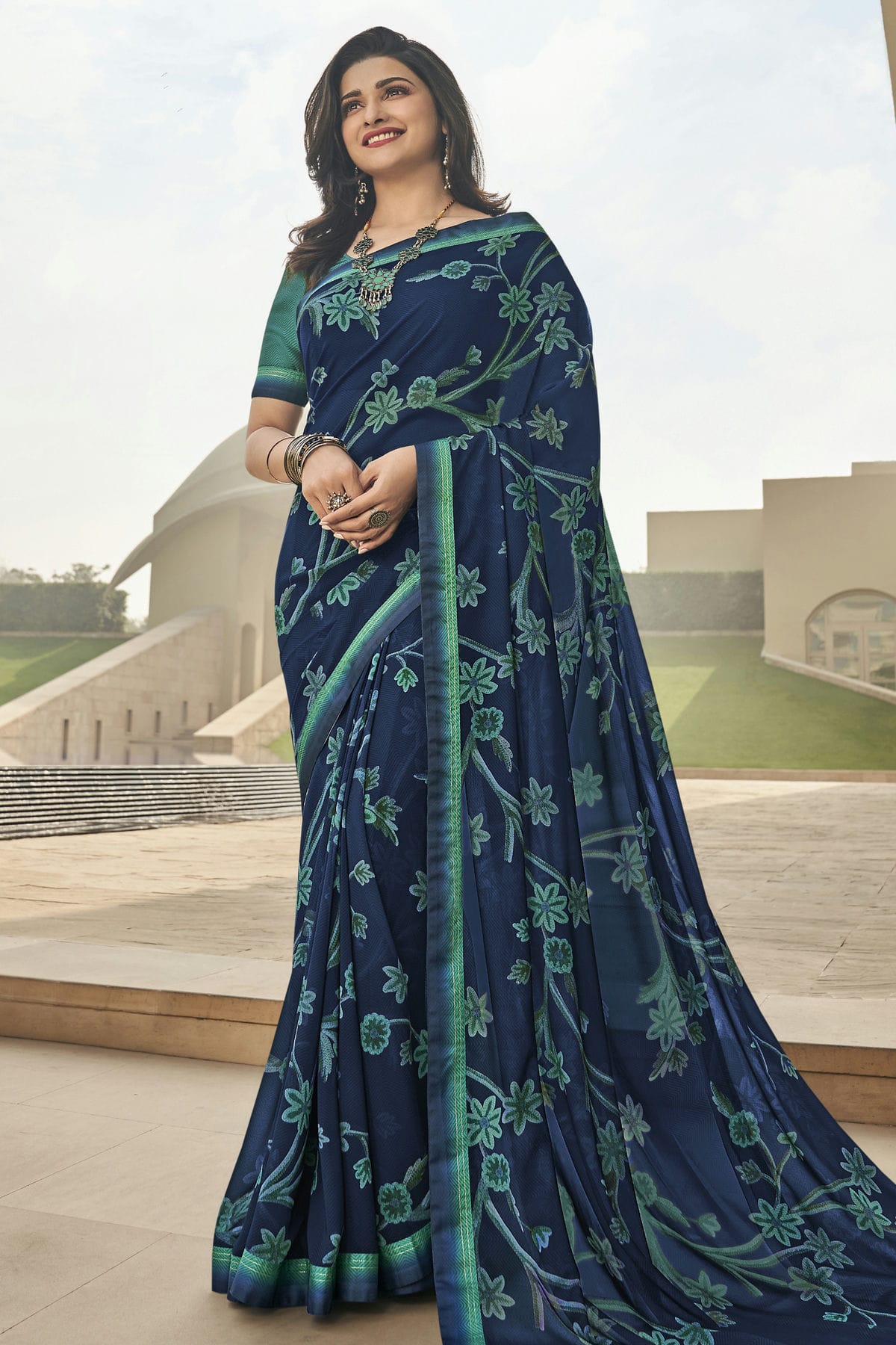 Navy Blue Colour Georgette Printed Saree