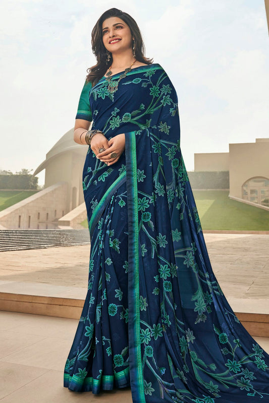 Navy Blue Colour Georgette Printed Saree