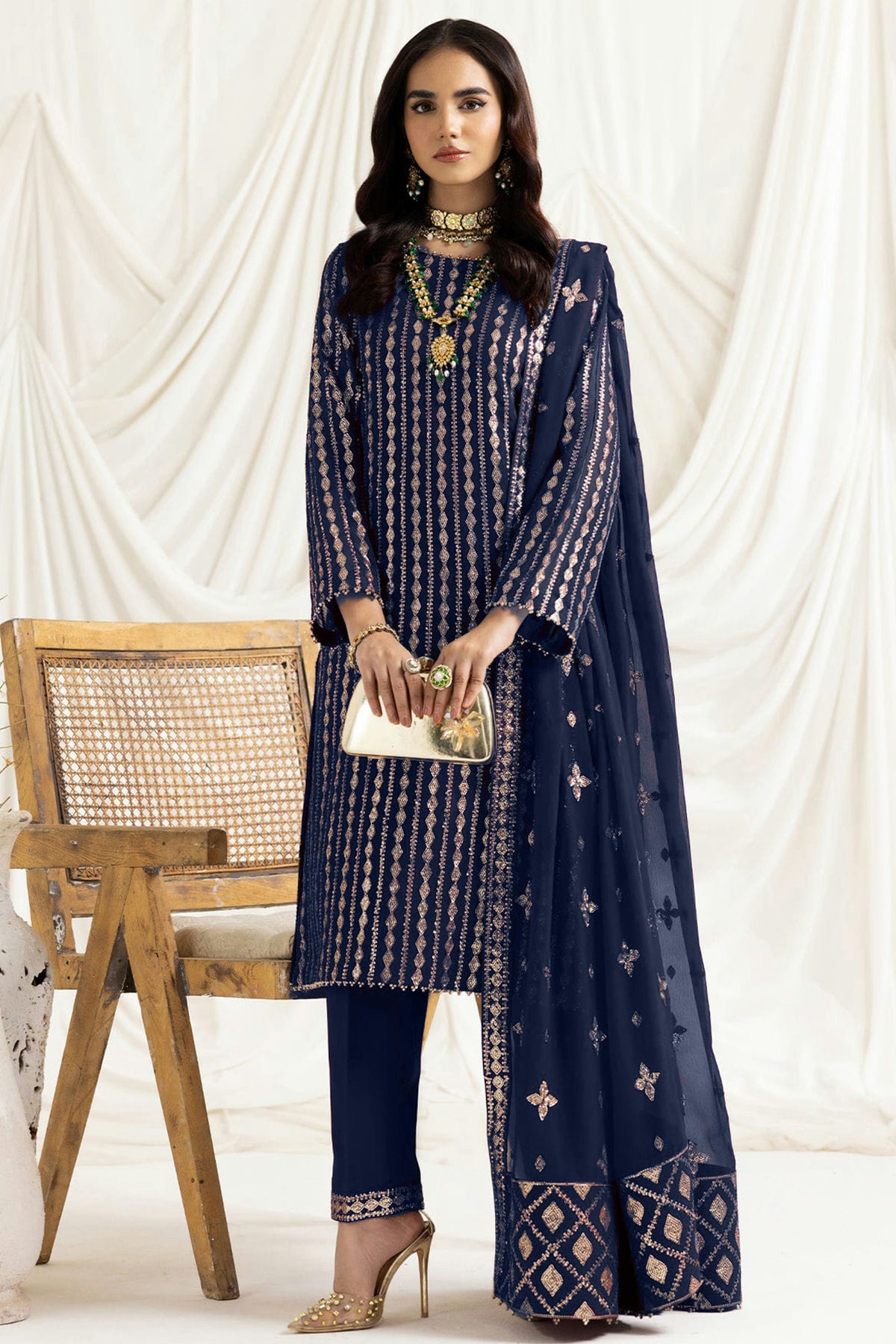 Navy Blue Colour Georgette Semi Stitched Pakistani Suit