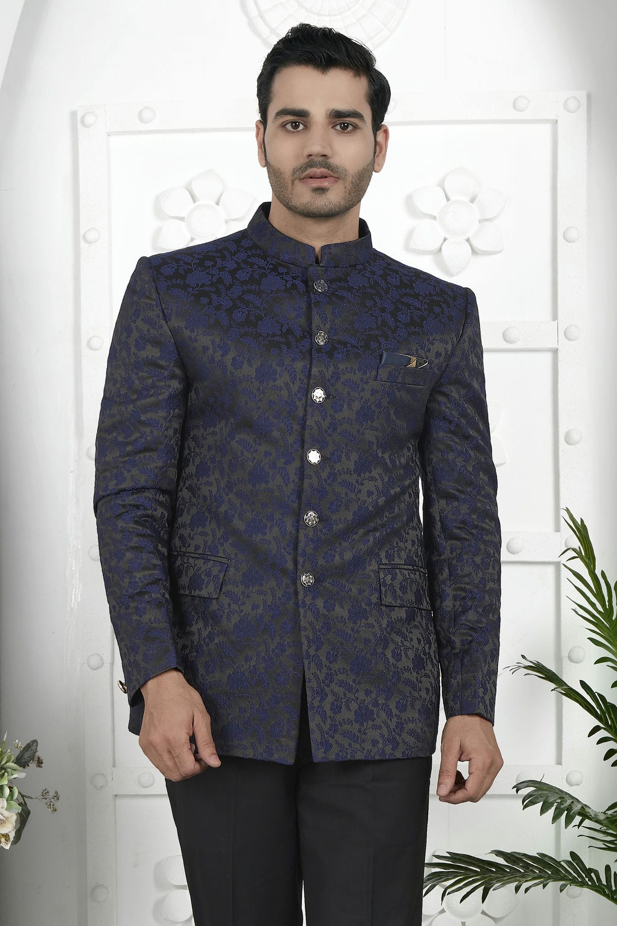 Navy Blue Colour Jacquard Silk Jodhpuri Jacket VSJP1230119