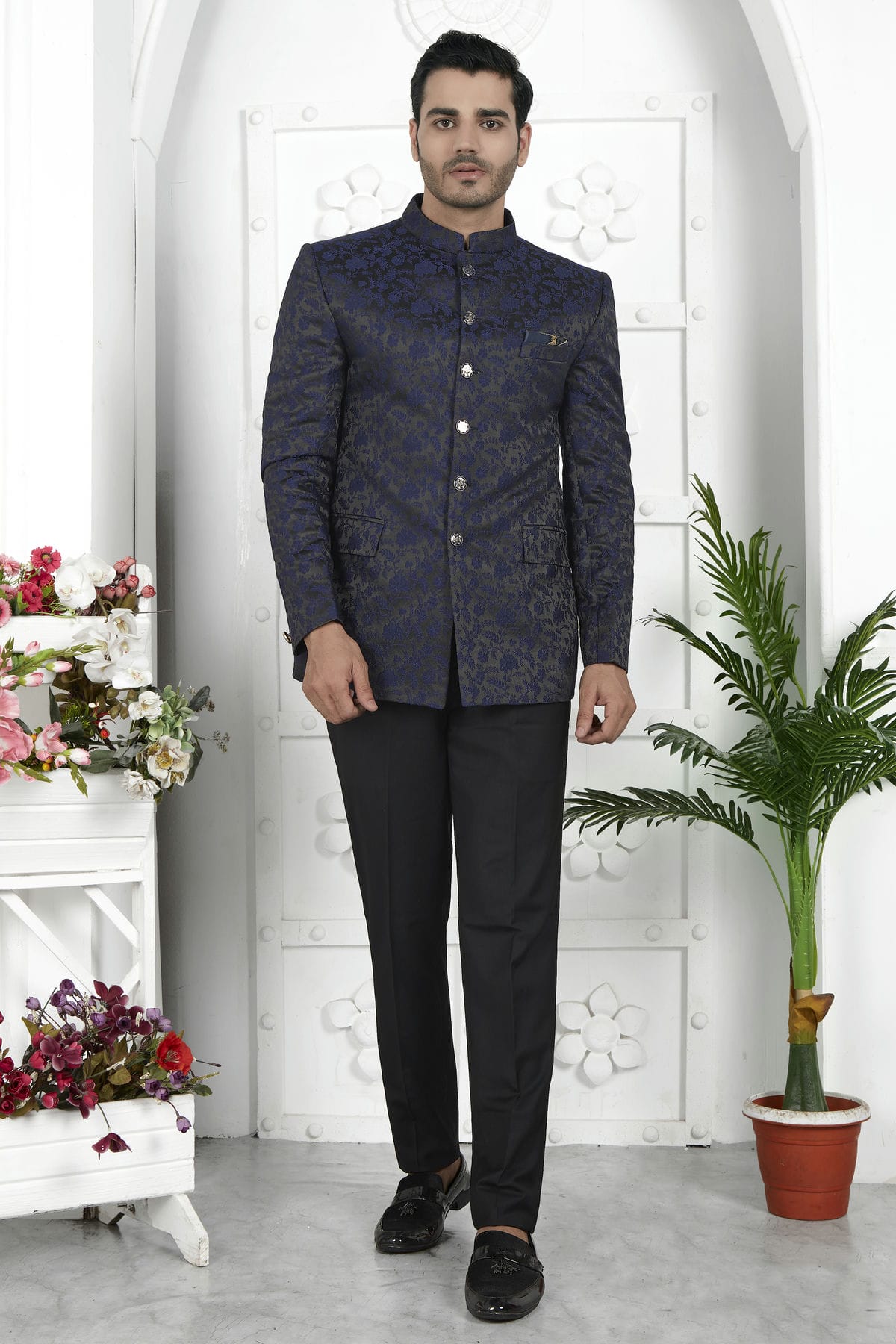 Navy Blue Colour Jacquard Silk Jodhpuri Jacket