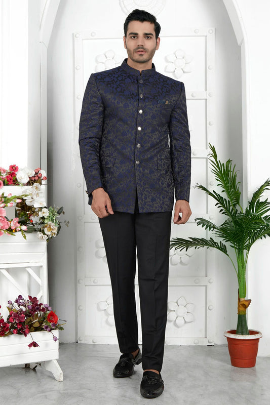 Navy Blue Colour Jacquard Silk Jodhpuri Jacket