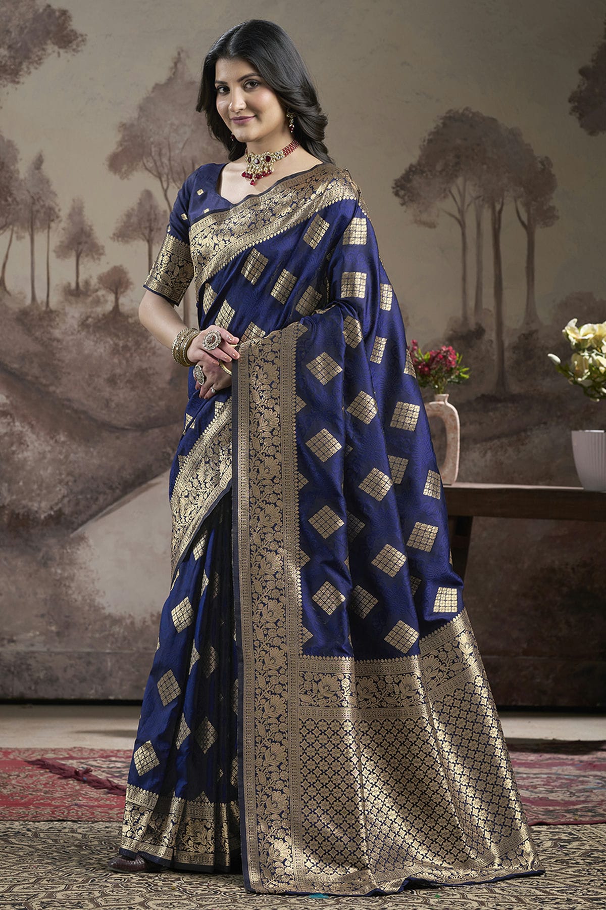 Navy Blue Colour Lichi Silk Traditional Saree