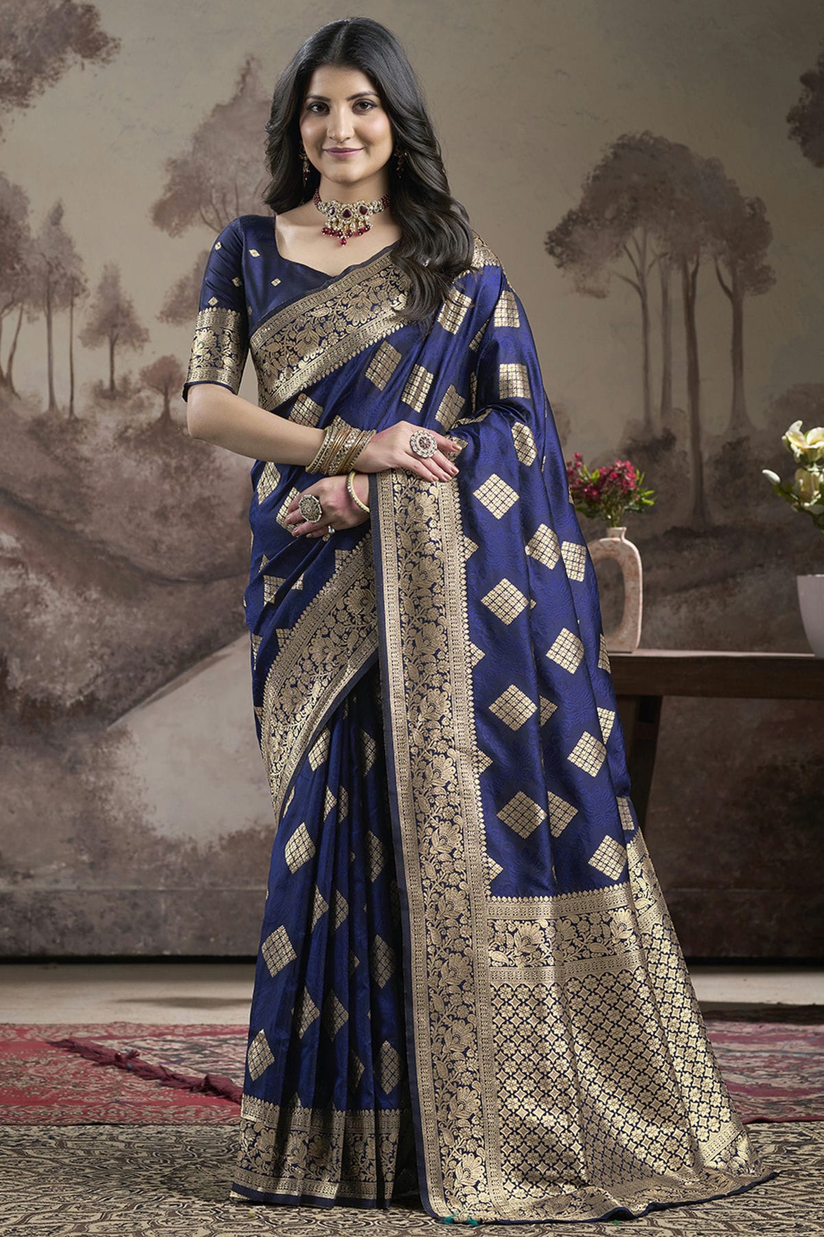 Navy Blue Colour Lichi Silk Traditional Saree