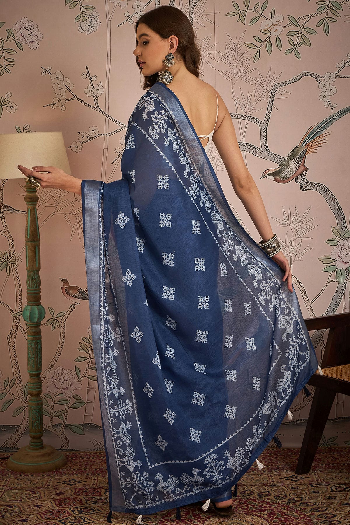 Navy Blue Colour Linen Blend Printed Saree