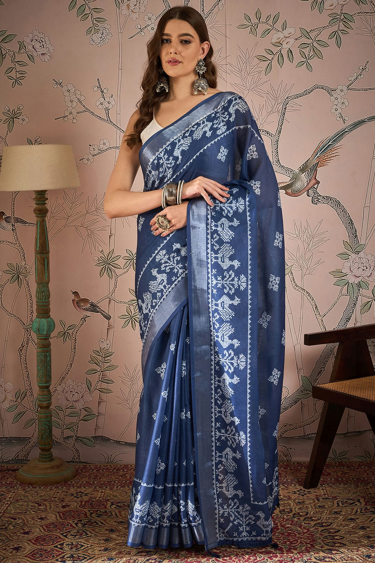 Navy Blue Colour Linen Blend Printed Saree