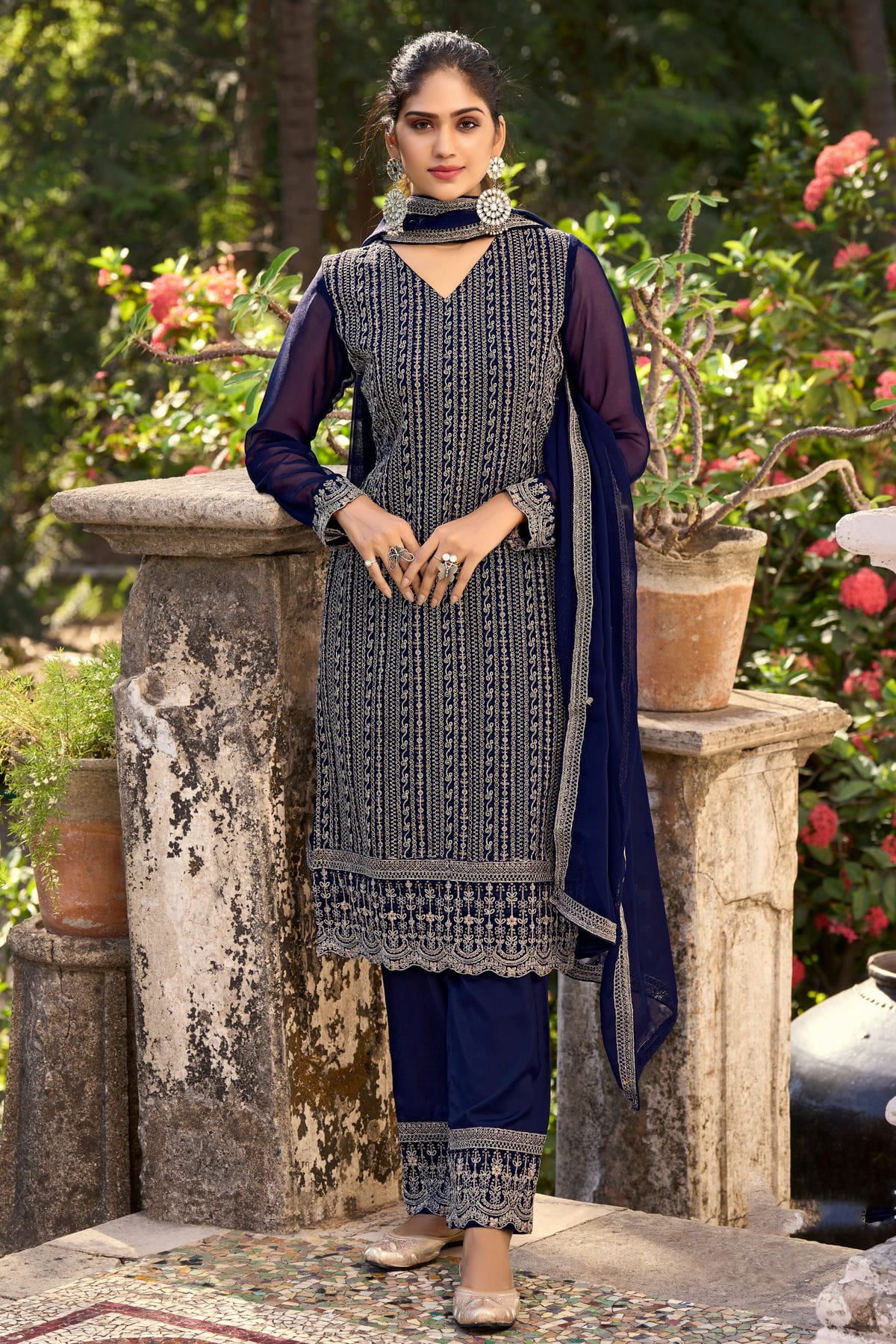 Navy Blue Colour Pant Style Suit Glory Silk Semi Stitched