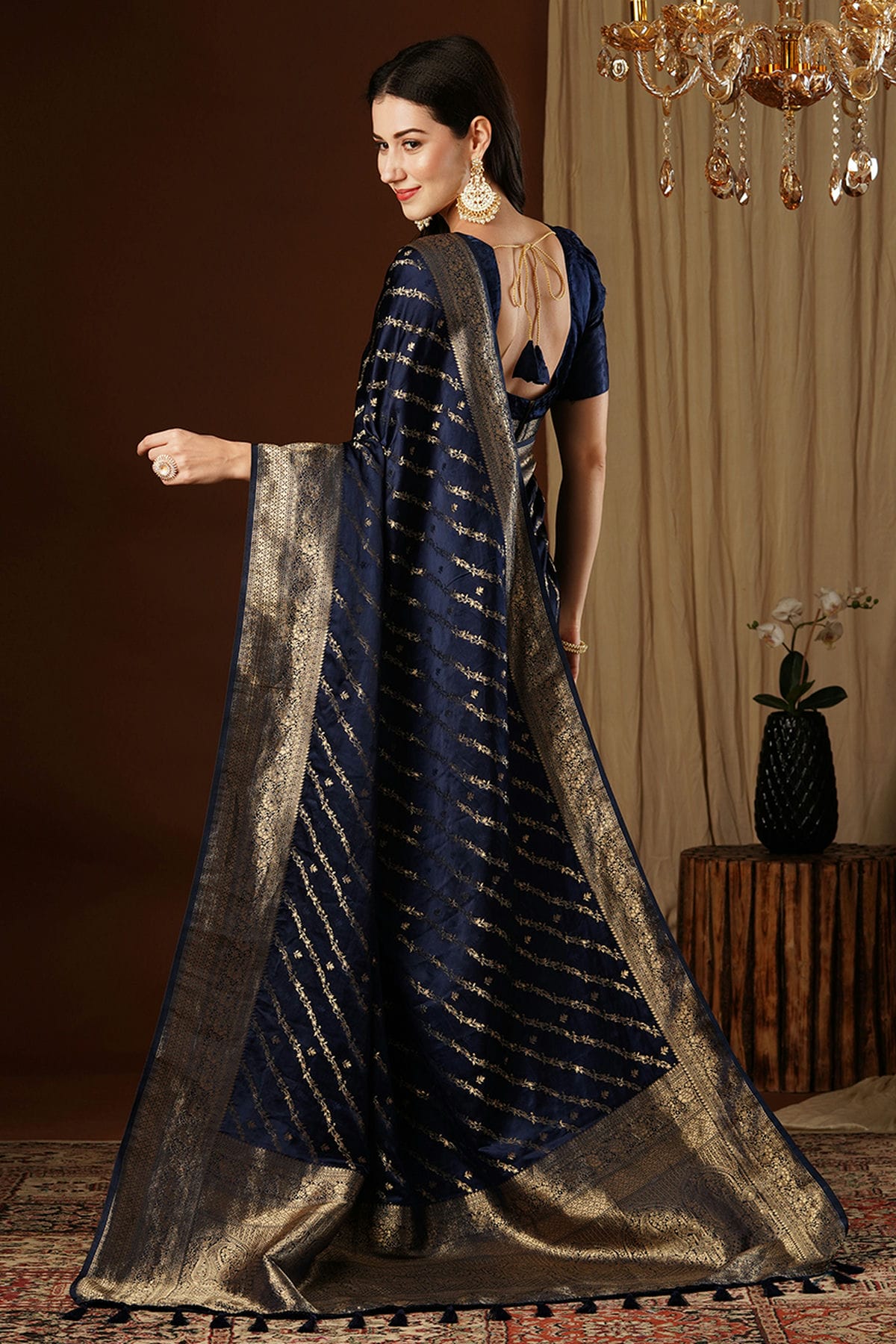 Navy Blue Colour Satin Silk Traditional Saree