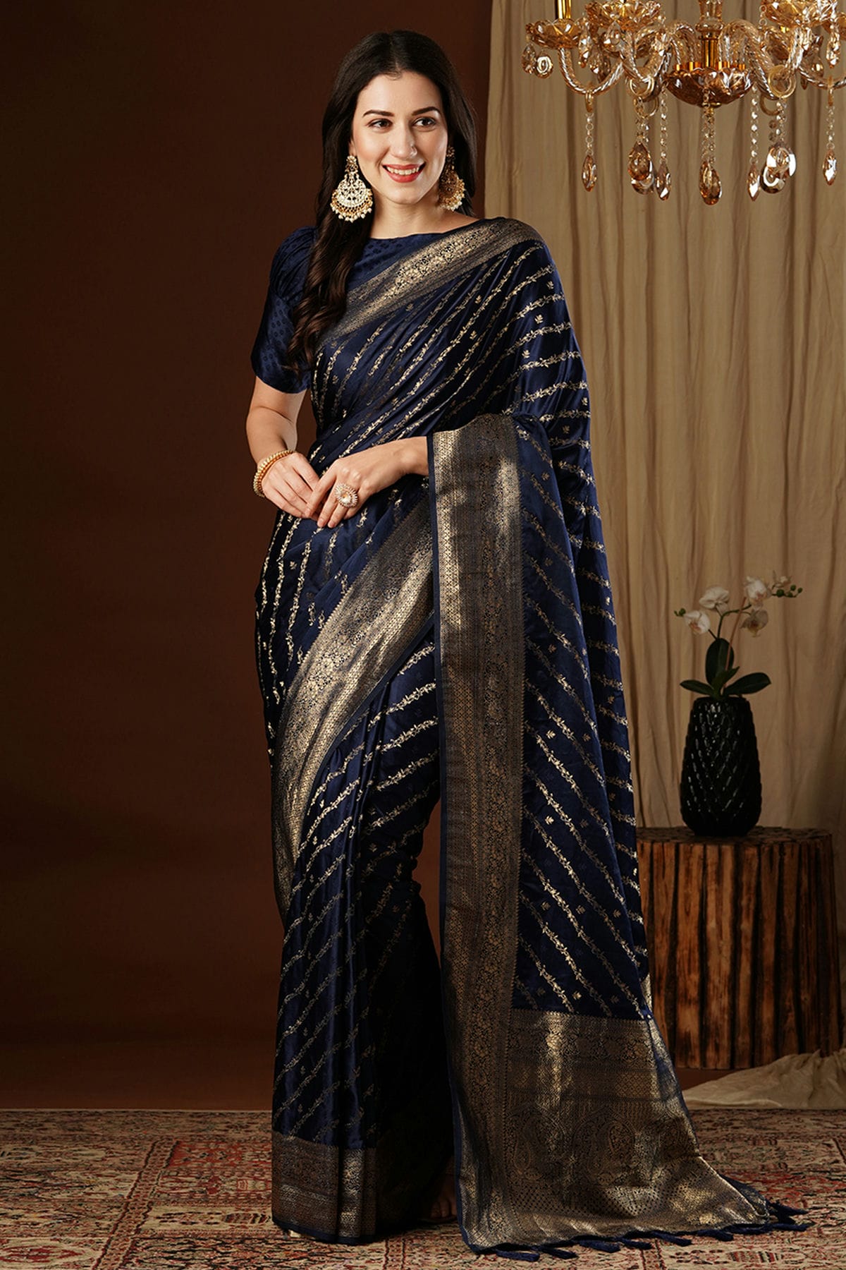 Navy Blue Colour Satin Silk Traditional Saree