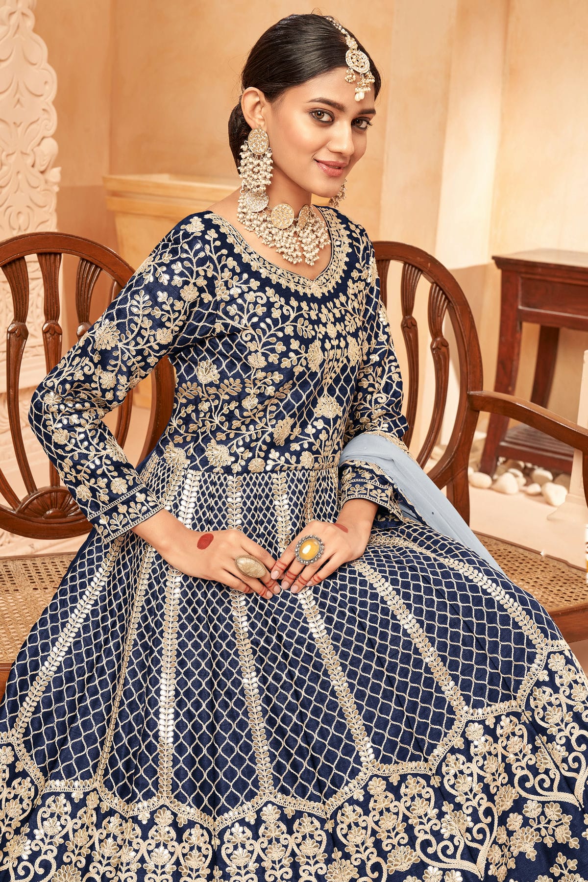 Navy Blue Colour Semi Stitched Art Silk Anarkali Suit