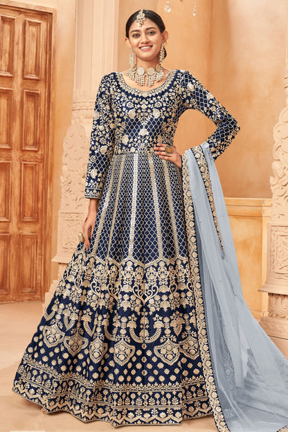 Navy Blue Colour Semi Stitched Art Silk Anarkali Suit