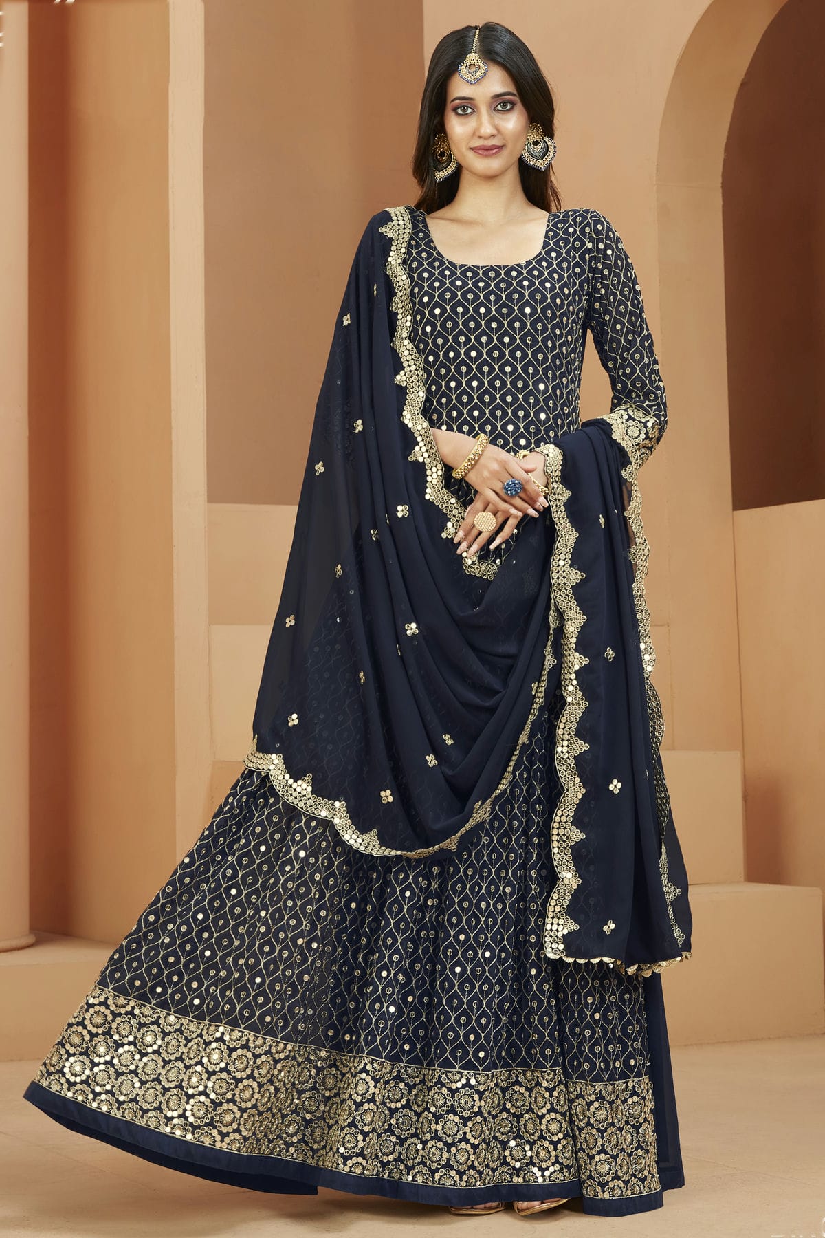 Navy Blue Colour Semi Stitched Faux Georgette Anarkali Suit