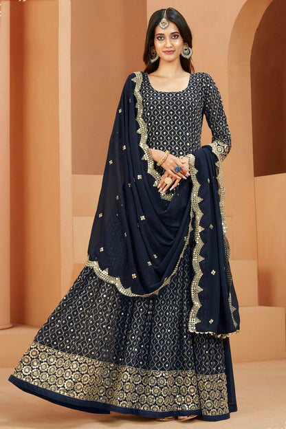 Navy Blue Colour Semi Stitched Faux Georgette Anarkali Suit